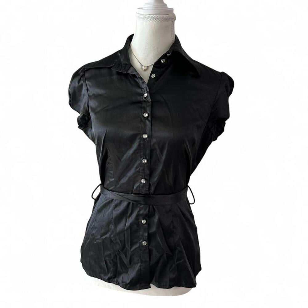 Collard Black Button Up Fitted Cinched Short Sleeve Belted Top Vintage Size M